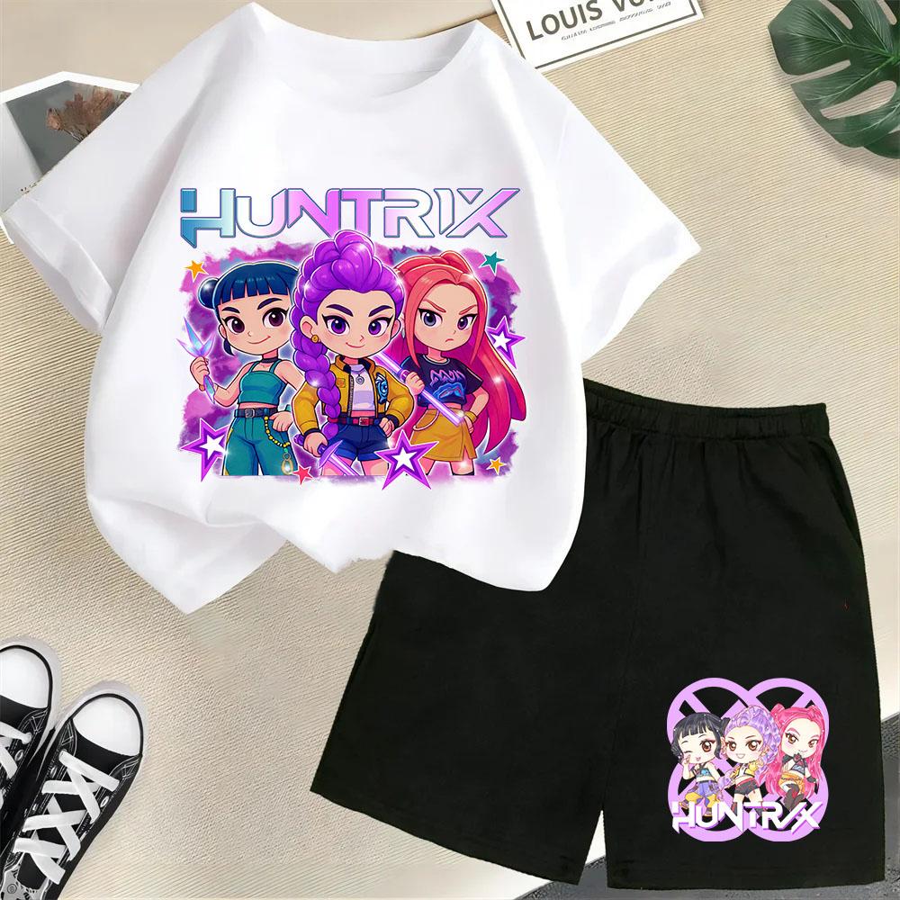 Moda Informal Estampado 3D Infantil Ola Coreana Cazador de Demonios Película Dibujos Animados Niños y Niñas Conjunto de Manga Corta