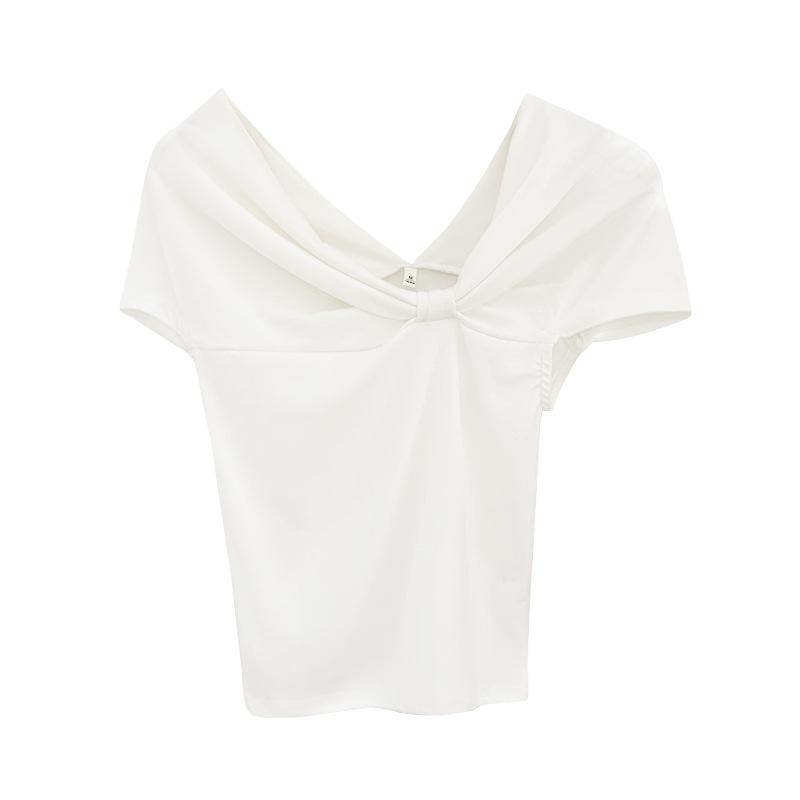 Design Pleated One-word Shoulder Short-sleeved T-shirt Women's Summer Off-the-shoulder Bow Sweet and Spicy Short Student Top