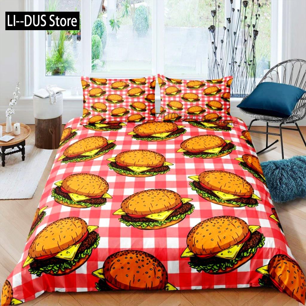 Hamburger Duvet Cover Set Meat Cheese Comforter Cover Fast Food Theme Bedding Set Cartoon Hamburg Pattern Quilt Cover For Kids