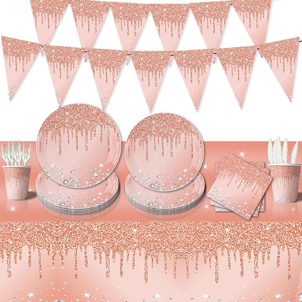 2Pcs Pink Rose Golden Birthday Party Tablecloths Rose Gold Sequin Plastic Table Cover, Pink Rose Gold Birthday Party Supplies Decorations for Girls