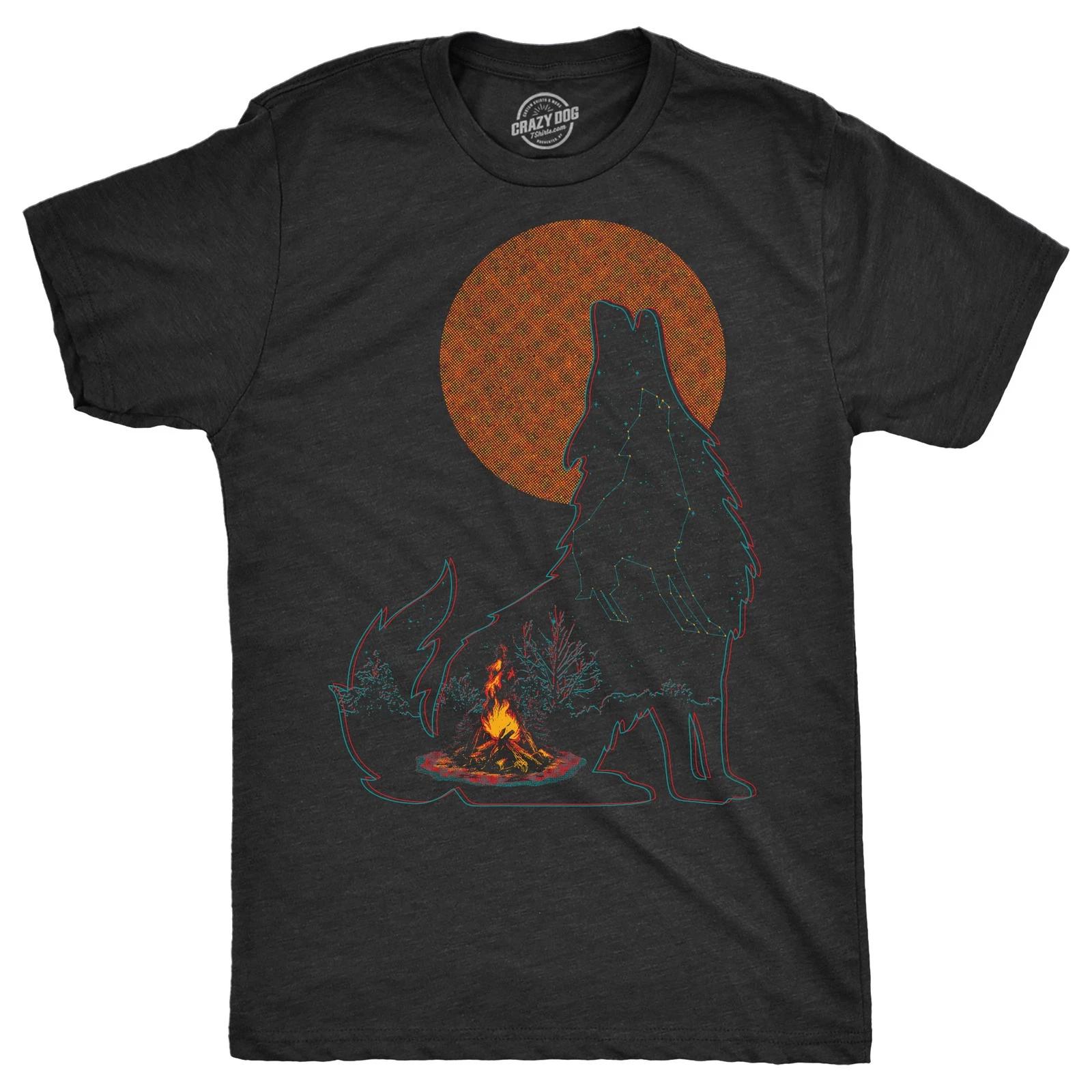 Mens Funny T Shirts Campfire Wolf Sarcastic Nature Graphic Novelty Tee for Men XXXL