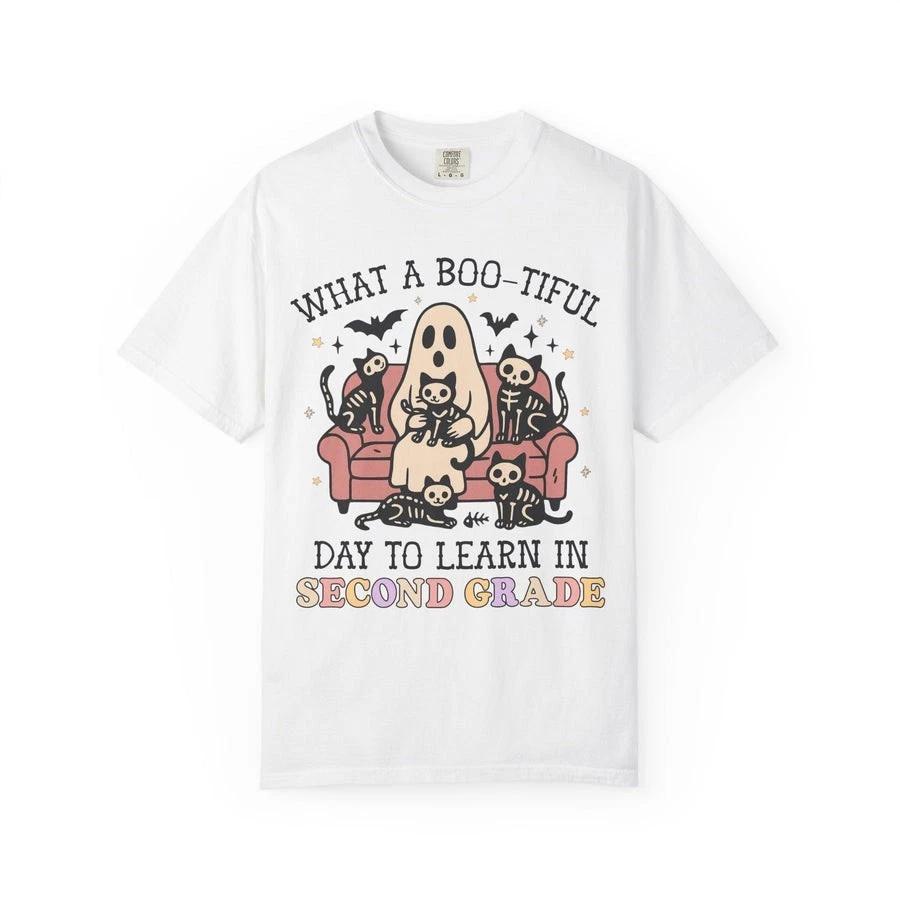 Second Grade Halloween Teacher Tee Shirt with Cute Spooky Cats What a Boo XL