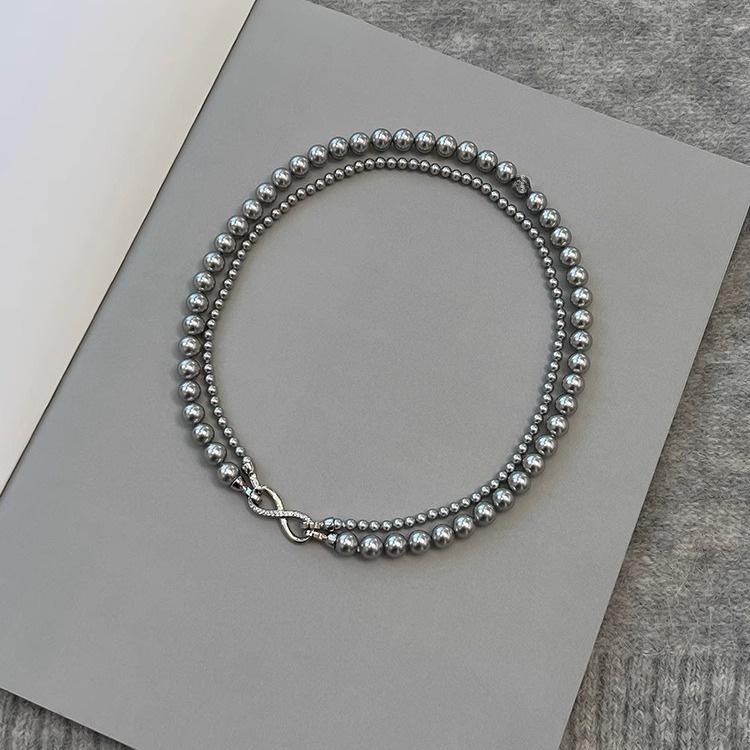 Shijia Pearl Double-Layered Necklace with Detachable 8-Shaped Buckle – Versatile Styles, Hemp Gray Chain.