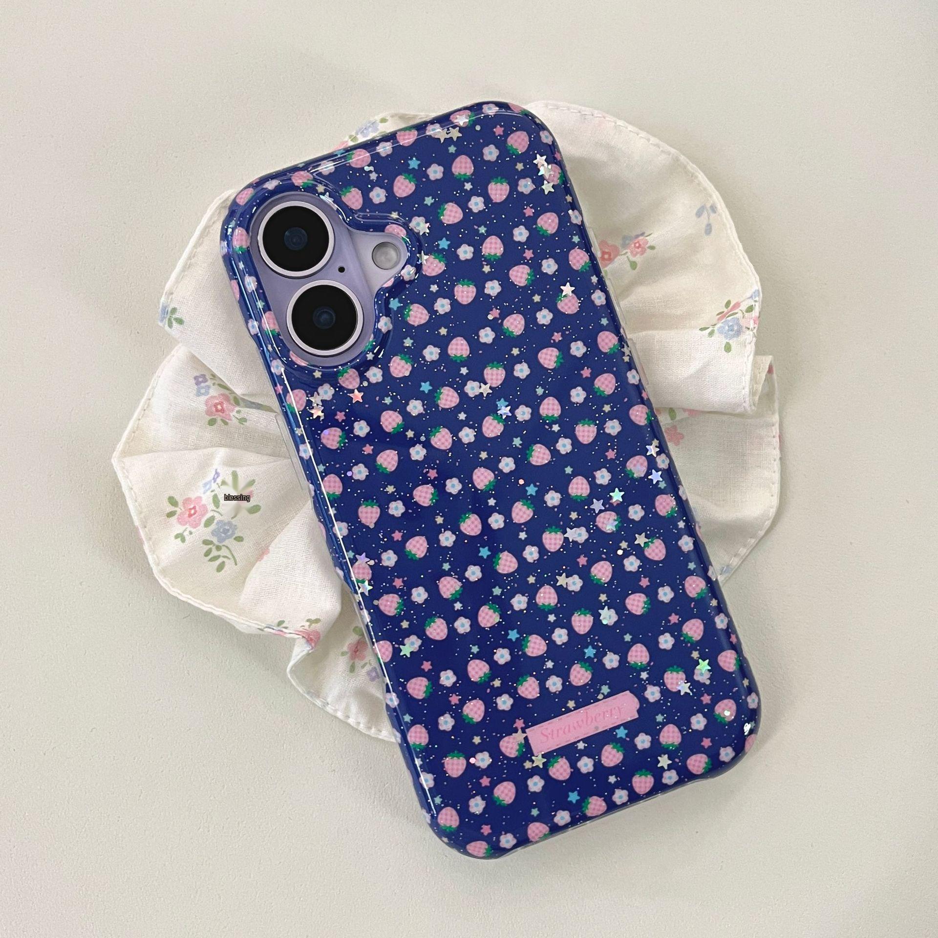 

Korean Style Strawberry iPhone 14/15/16/17 Pro Max Blue Phone Case for Women iPhone 13