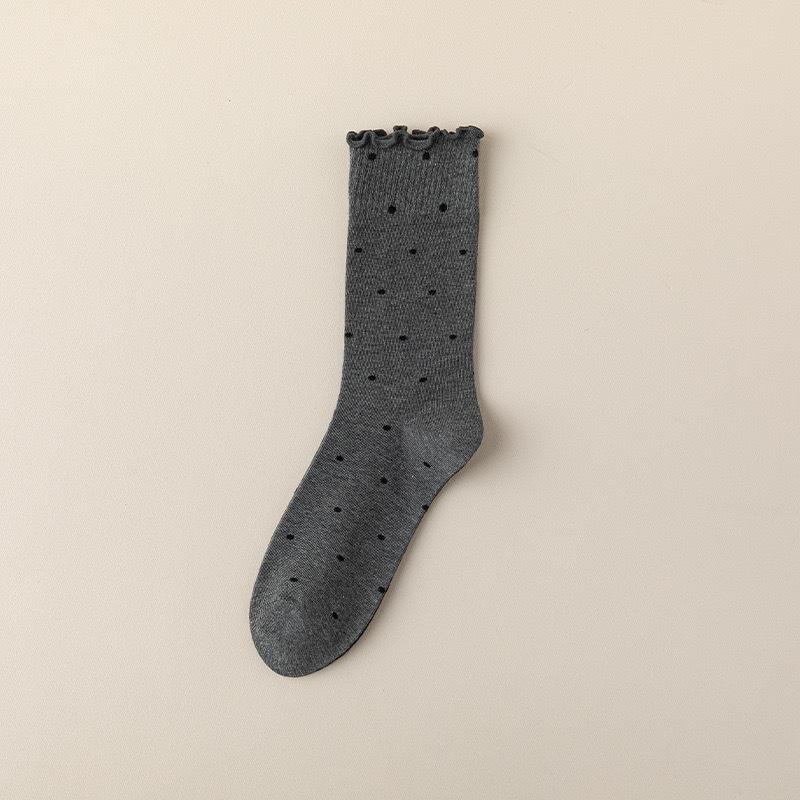 Women's Japanese Style Mid-Calf Cotton Lace Socks, Ruffle Edge, Polka Dot, Versatile for Spring to Autumn