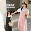 Large Size Women's Clothing Summer New Temperament Commuting Fake Two-piece Women's Crew Neck Meat-covering Suspender Dress 222095