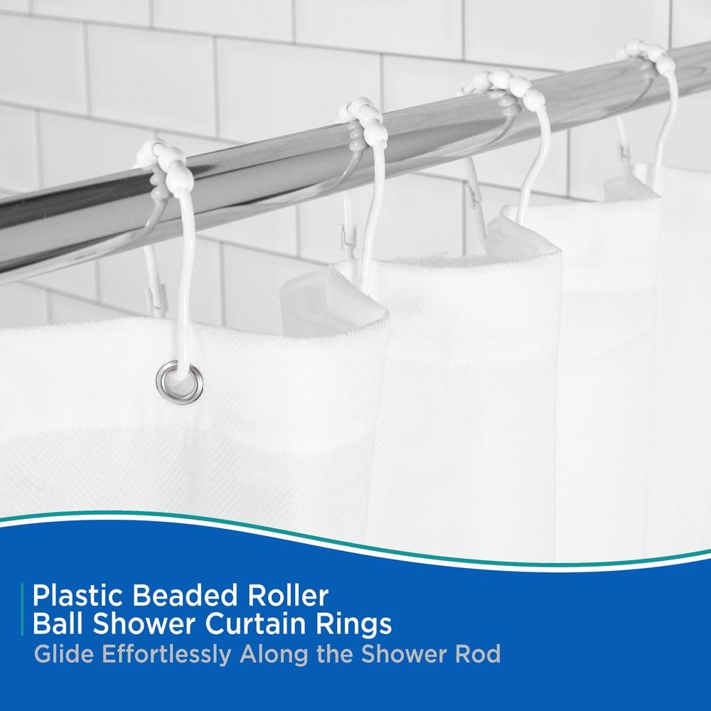 Rustproof Plastic Shower Curtain Rings Set of 12 Beaded Roller Glide Compatible with Standard Shower Rods Liners Durable White