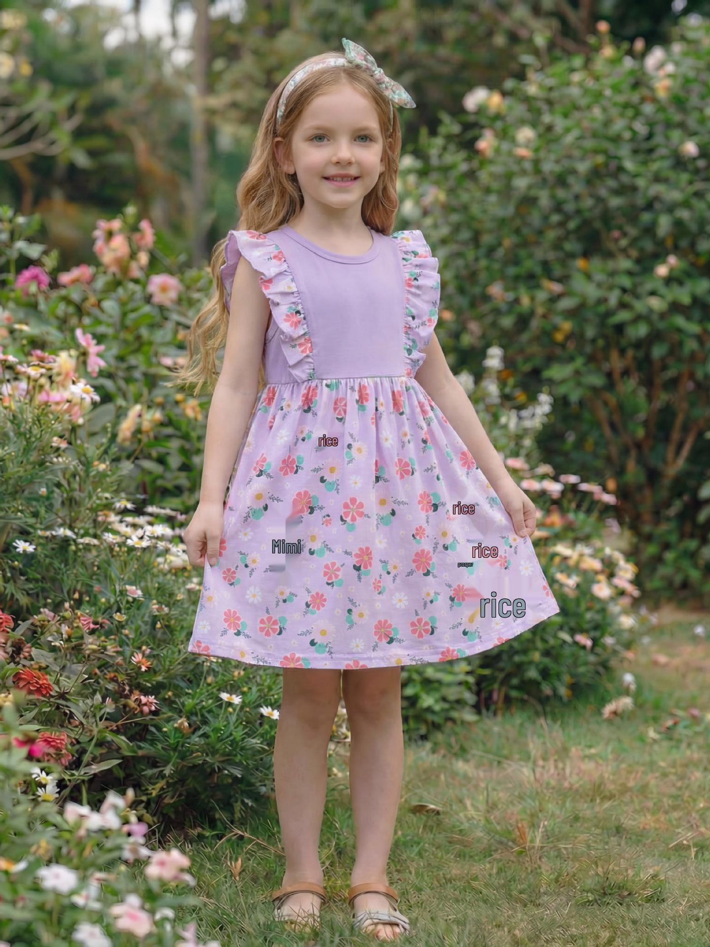 European & American Style Girls  Sleeveless Ruffled Floral Dress (Ages 2-8) 140cm (8Y) светло-фиолетовый