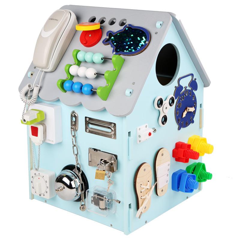 

Montessori Early Education 1-4 year old baby, house assembly busy board, multi-functional hexahedron toy