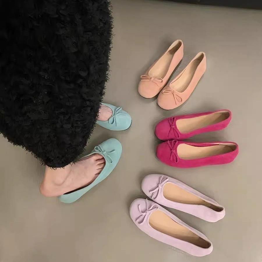 French suede bow ballet shoes women's 2025 spring new gentle one-pedal soft-faced flat-soled single shoes tide