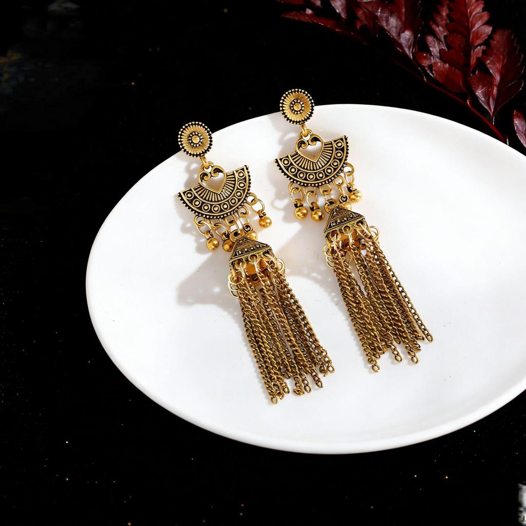 Vintage Fan-Shaped Tassel & Bell Earrings - Retro Ethnic Style for Women
