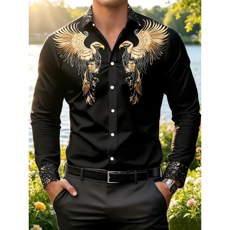 Men's long sleeved shirt with printed collar button up cardigan shirt, new fashionable men's top, trendy street daily wear