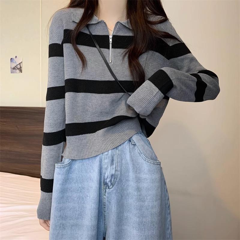 Bottom Shirt Autumn Winter Loose Polo Collar Striped Sweater New Design Zipper Short Top for Women