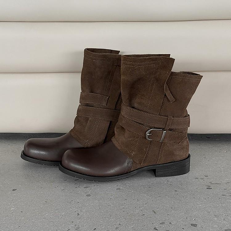 

Корейская версия ретро коричневая пряжка ремня локомотивные короткие ботинки женские 2025 новые круглый носок толстый каблук вестерн ковбойские полусапоги 40 чёрный