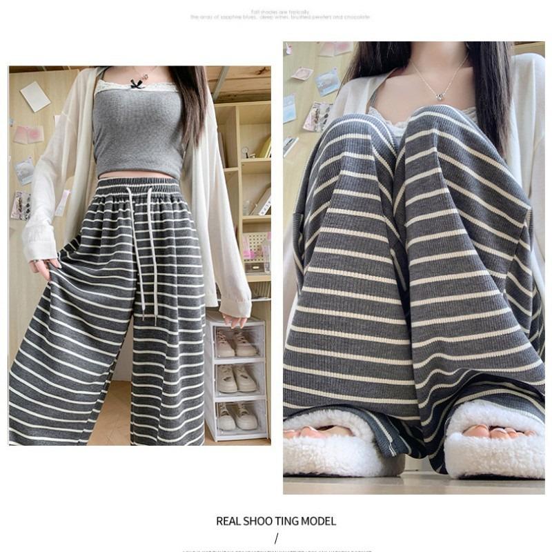 Knitted striped wide-leg pants women's spring and autumn new lazy wind glutinous rice pants high waist walking sports casual pants