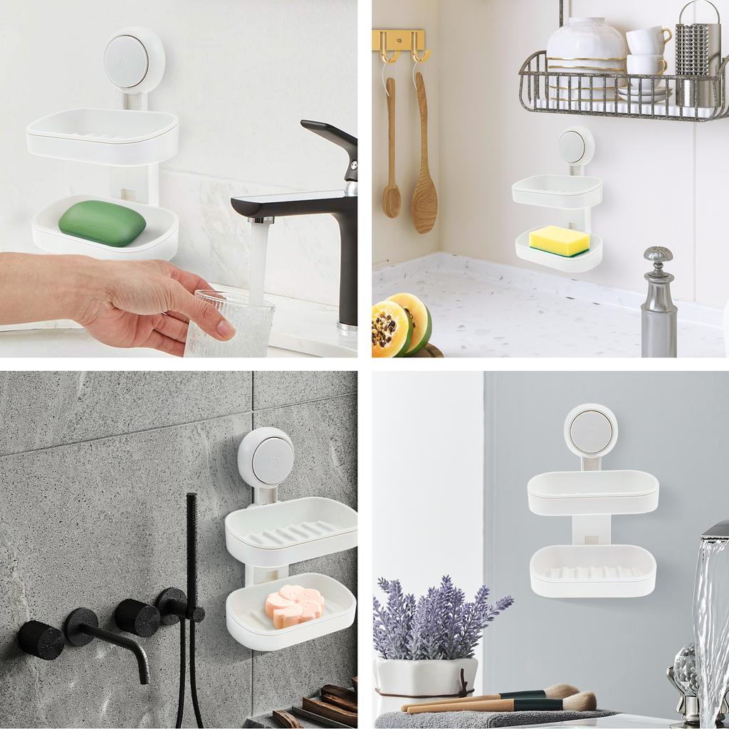No Drilling Suction Cup Soap Holder Plastic Double Layer Soap Dish Removable Strong Load Bearing Showerfor Bathroom Kitchen