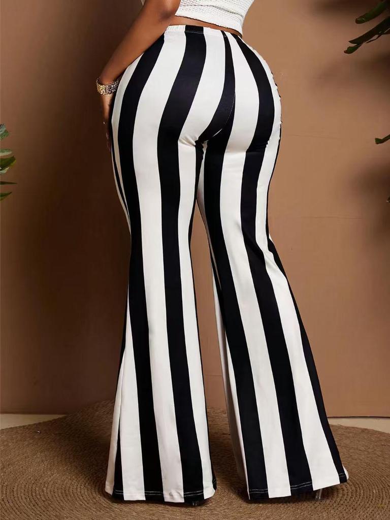 Damen Plus Size Gestreifte Schlaghose mit Gummizug - Europäische & Amerikanische Mode 2026