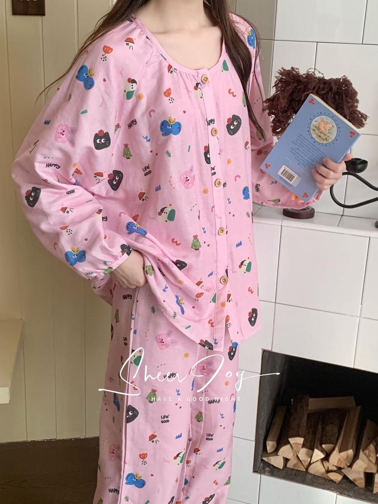 1011 New gauze round neck Japanese pajamas women's long-sleeved trousers sweet princess style loungewear two-piece set