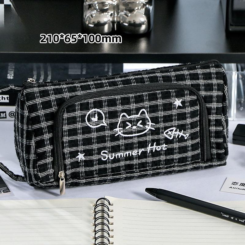 Милий клітчастий пенал-кіт для дітей Хлопчик Дівчинка Мультяшний Велика місткість Багатошаровий Шкільний пенал Шкільне приладдя Подарунок