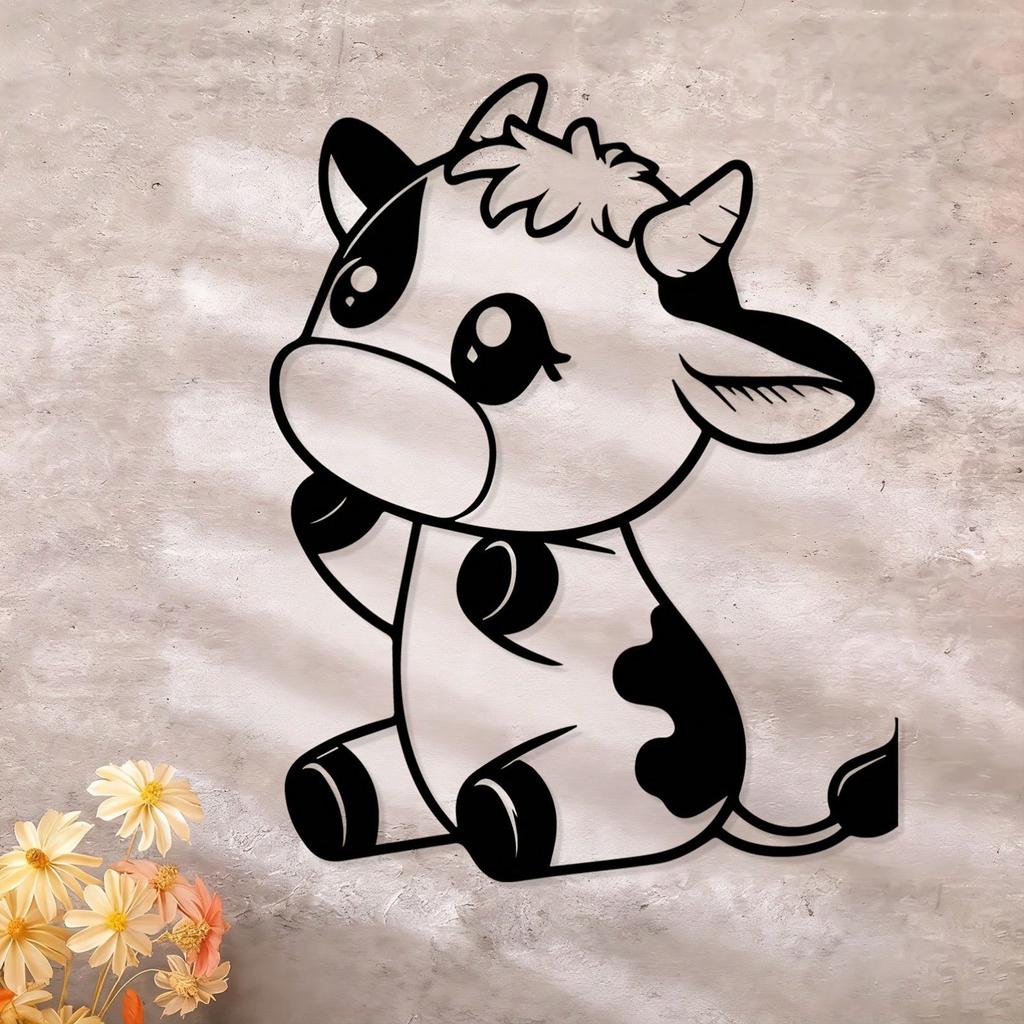 Vivid Eyed Powder Coated Cow Calf Metal Wall Art Farmhouse Statue Gift