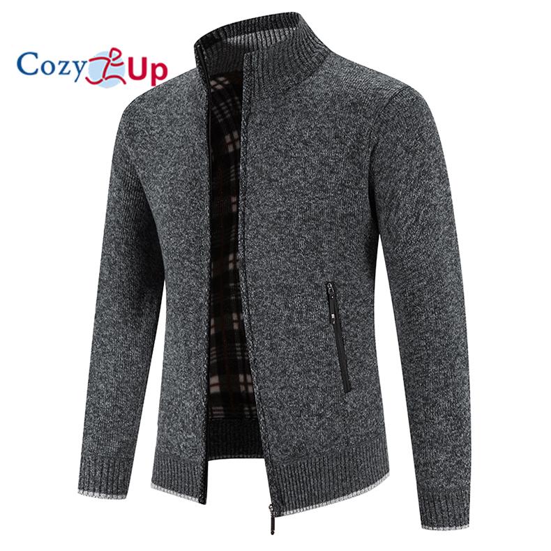 Cozy up Herren Strickjacke mit kleinem Stehkragen und dickem Samt