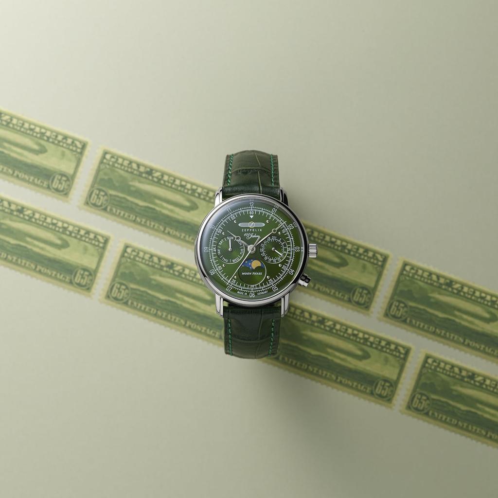 ZEPPELIN Hodinky řady 100. výročí - Řada s minerálním sklem, Model 7635-4, Zelený ciferník, Unisex, 5 ATM