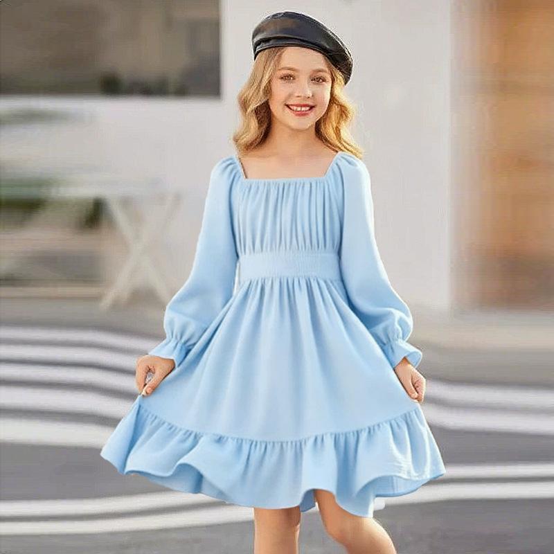 Girls Square-Neck Bell-Sleeve Long-Sleeve Dress: Fashionable Spring/Summer Dresses for Girls 100cm