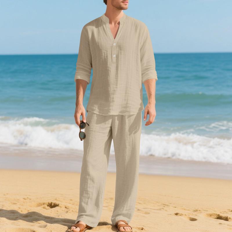 Men Loose Casual Breathable V Neck Long Sleeve Henley Shirt And Long Pants Set