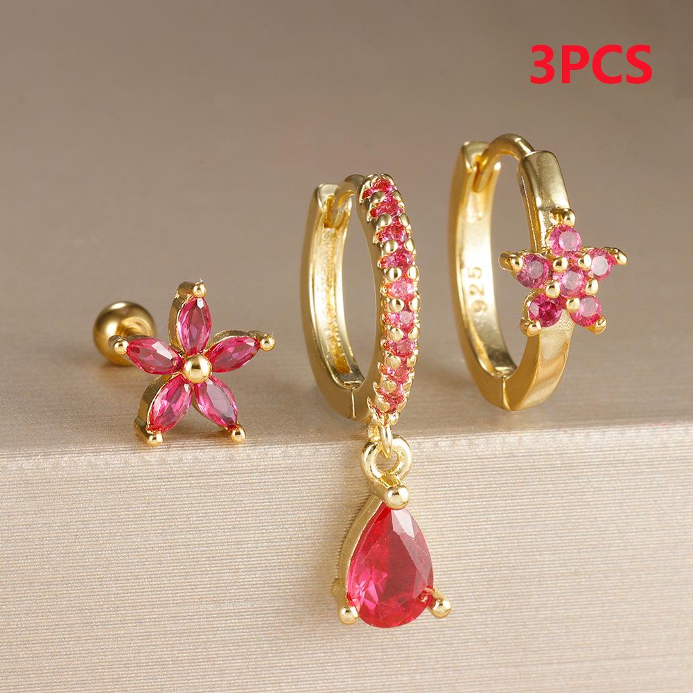 3-Piece Rhinestone Floral Water Drop Earrings & Ear Cuff Set for Women