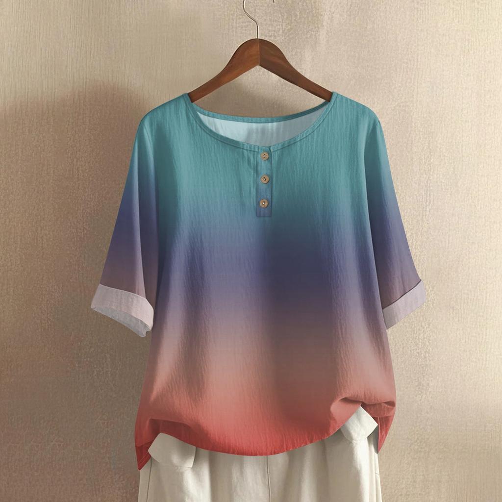 Women's Fashionable And Casual Shirt Half-sleeve Round Neck Print Cotton And Linen Blouse Top
