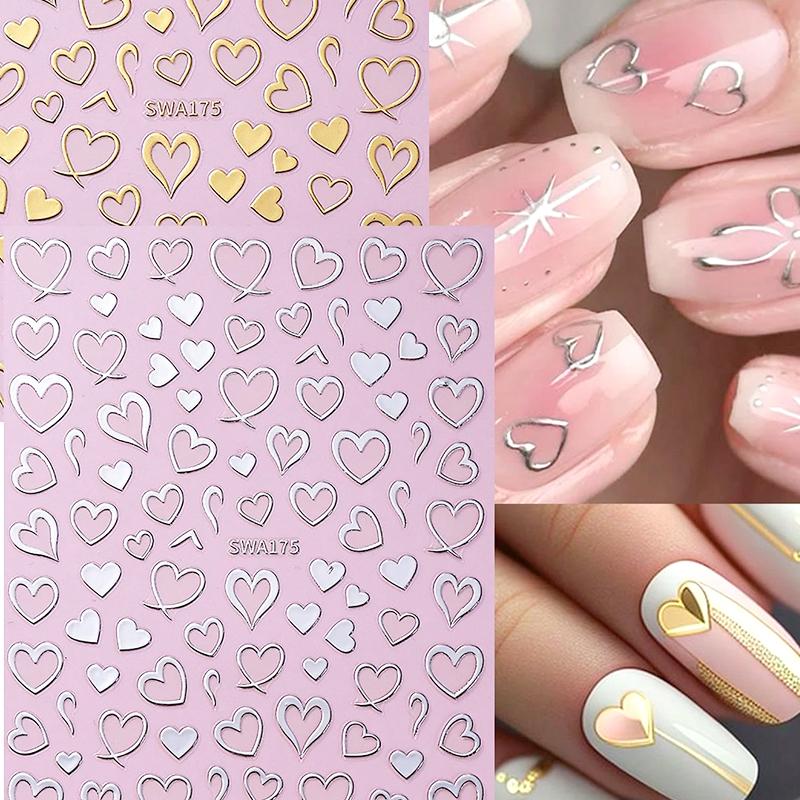 3Pcs Bronzing Love Heart Nail Stickers Red Gold Silver Line Love Nail Decals Diy Adhesive Slider Valentine'S Manicure Decoration