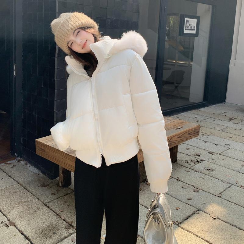 Season fur collar casual cotton jacket short design women's warm down cotton jacket hooded jacket
