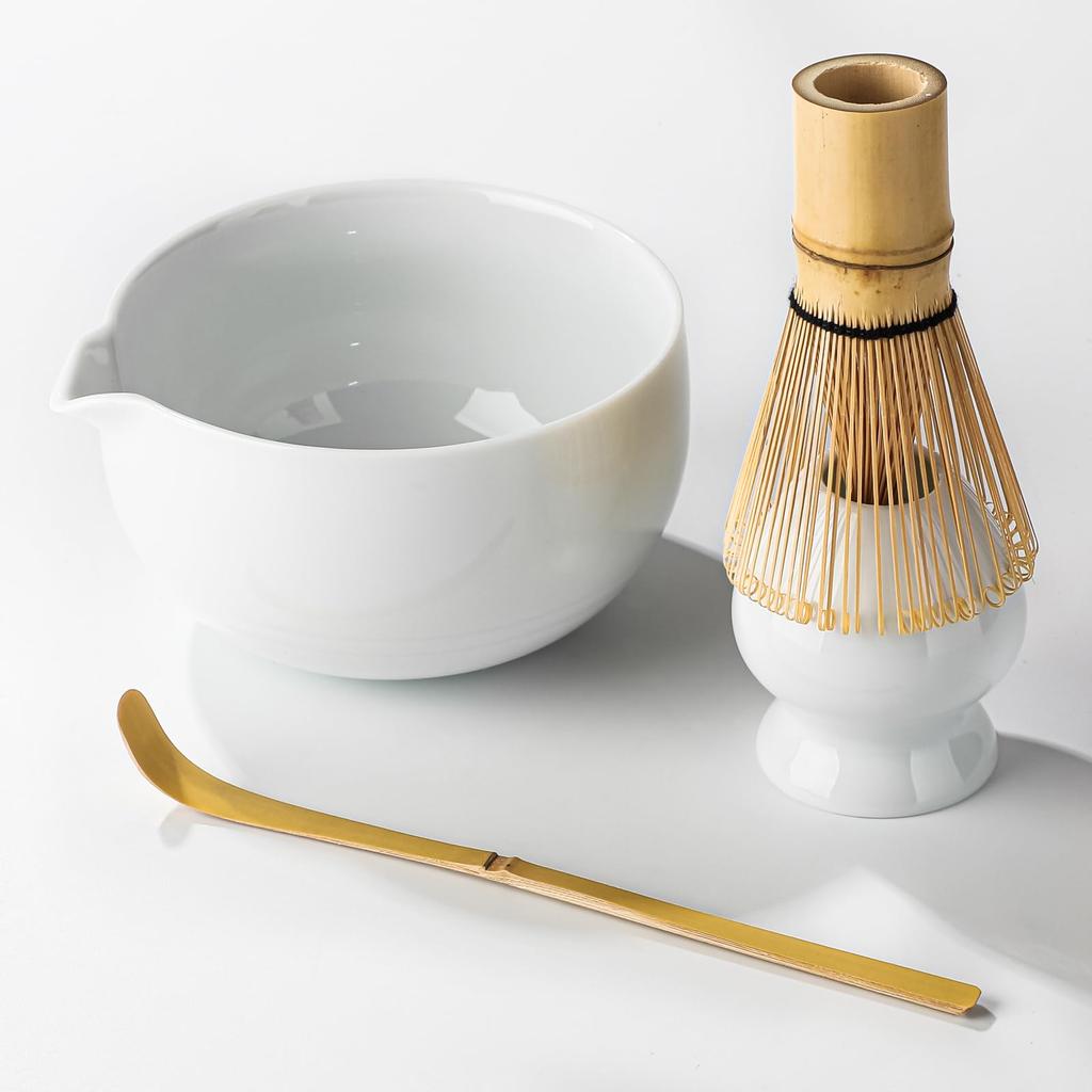 Tea ceremony set including a spouted matcha a tea whisk a tea whisk and a tea bowl, (100 prisms), stand, scoop.