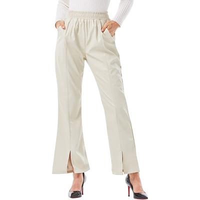 Women Classic Women PU Leather Trousers Solid Color High Waist Slit Flared Pants Streetwear with Pockets