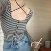 2KWEIRD Vintage Gestreifte Baumwoll T-Shirts Damen Japanischer Stil Y2k Bandage Crop Tops Trendy 2000er Lässige Langarm Tees Weiblich Neu