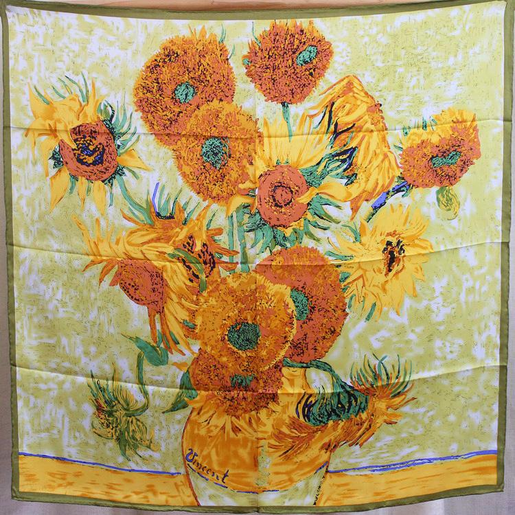 Spring and Autumn New Van Gogh Sunflower Oil Painting Satin Silk Scarf Mulberry Silk Silk Scarf 90 Square Scarves Women 88*88cm