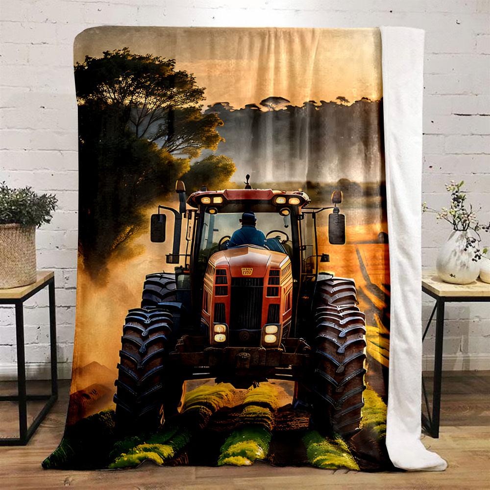 Tractor In Scenic Sunrise Field for All Seasons Blanket Lunch Break Throw Gift