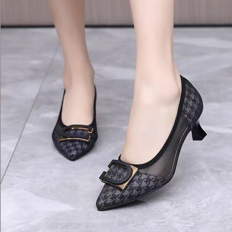 Módní dámské boty na vysokém podpatku Outdoorové špičaté čtvercový podpatek Mělké lodičky Módní síťované robustní nazouvací kancelářské boty Zapatos De Mujer