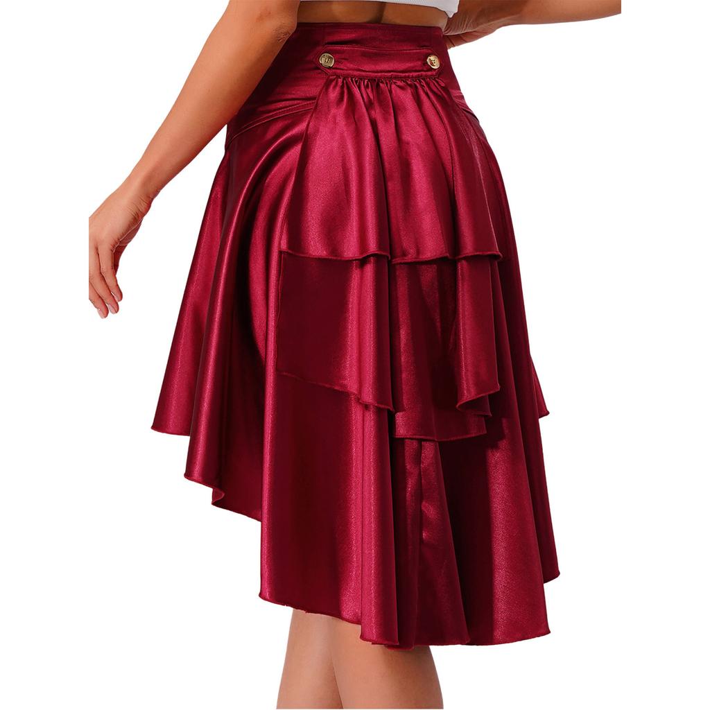 S-3XL Womens Gothic Steanpunk Satiny Skirt Front Eyelets Lace-up High-low Hem Tiered Ruffled Irregular Hem Skirt Waist Belt