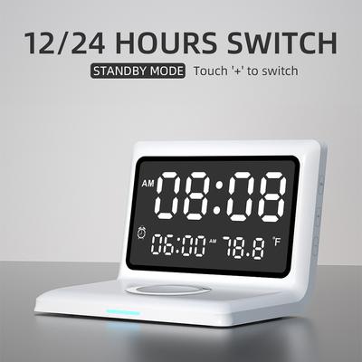 Multifunctional Digital Mirror Clock 15W Wireless Charging Alarm Clock with Large Dimmable Display