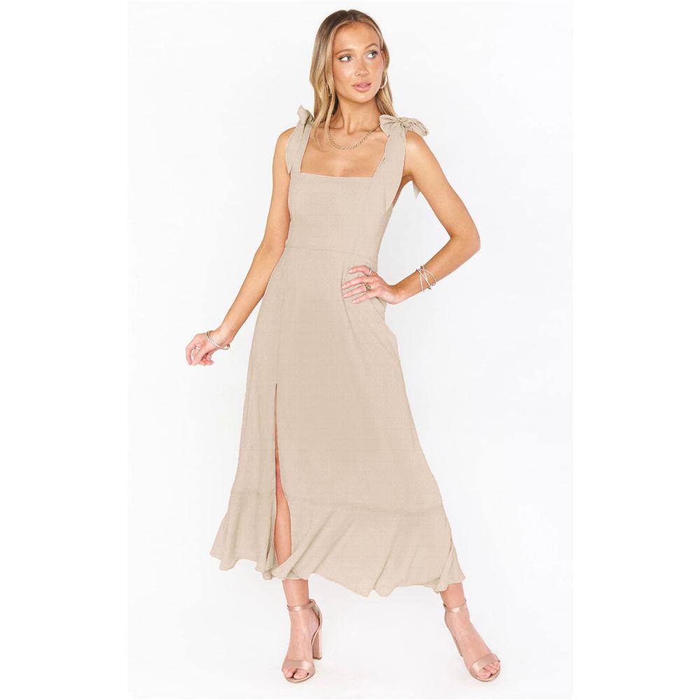Women's Elegant Bridesmaid Dresses Square Neck Ruffle Slit Hem Midi Formal Dress for Wedding Guest Cocktail Party