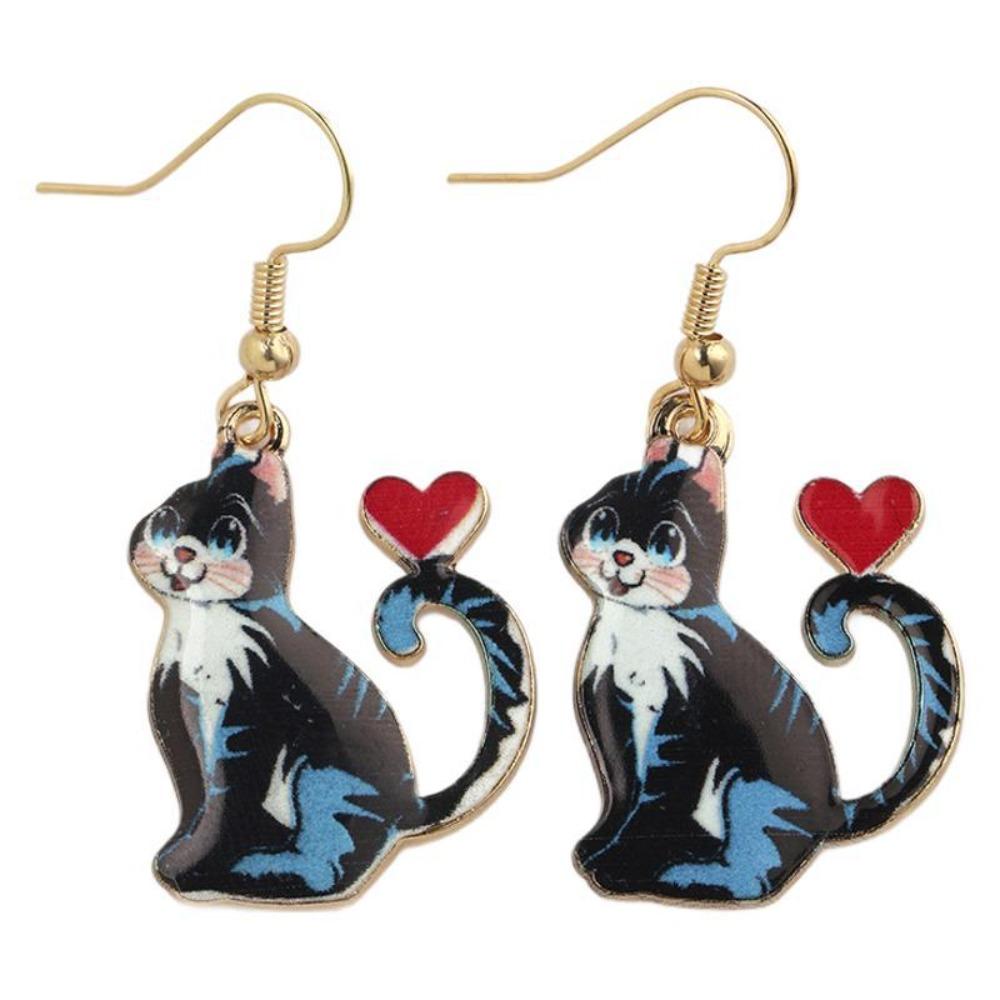 Fashion Cartoon Oil-dripping Printed Animal Cat Heart-shaped Dangle Earrings for Women Cute Kitten Jewelry Accessories Gifts