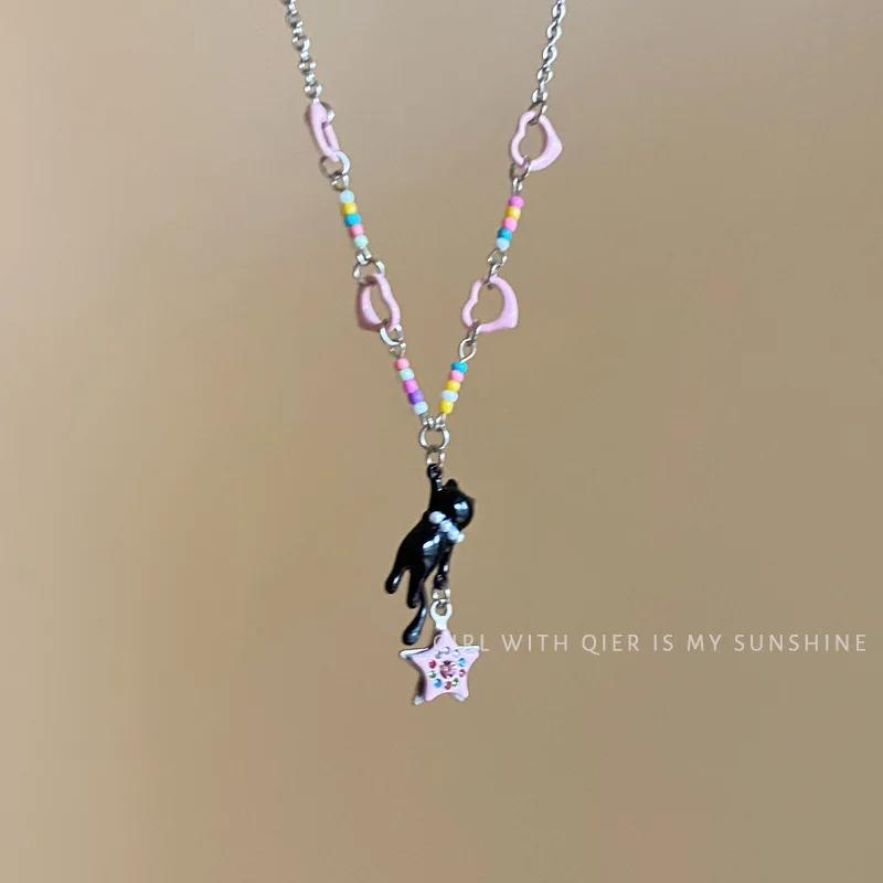 Pink Star Beaded Black Cat Pendant Necklace Y2k Cute Cool Ins Style Clavicle Chain Choker Fashion Jewelry Party Gifts