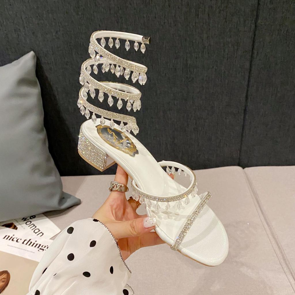 Summer Women's Sandals Luxury Club Square Toe Pendant Rhinestone Snake Pattern White Heel Sandals Wedding Party Shoes