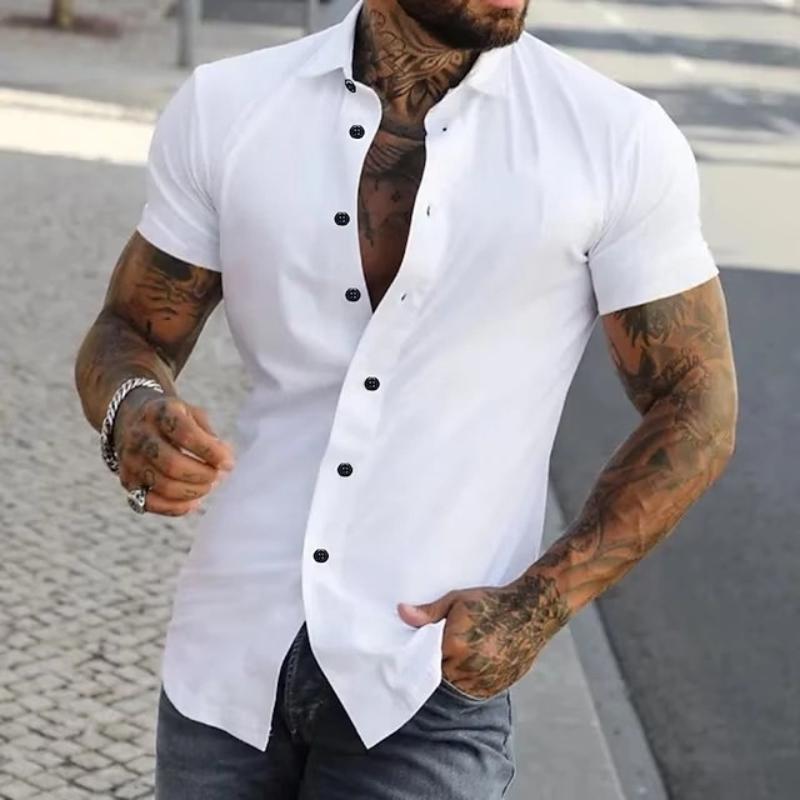 Camicia Casual da Uomo Semplice Estiva a Maniche Corte Colore Unico Giovanile Trendy Sportiva Stile Sottile