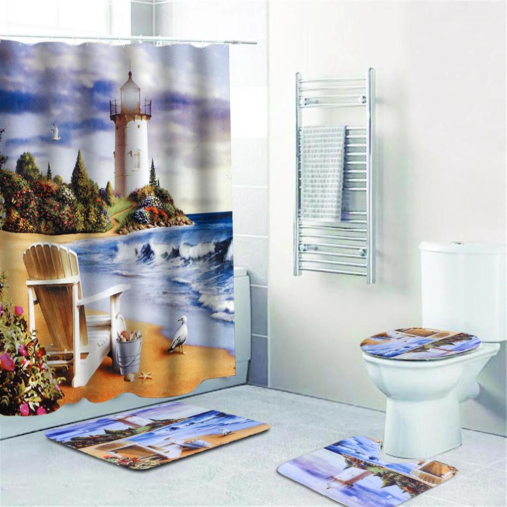 Coastal Beach Scenery 3D Printing Waterproof Shower Curtain Set Pedestal Rug Lid Toilet Cover Mat Bathroom Set With 12 Hooks