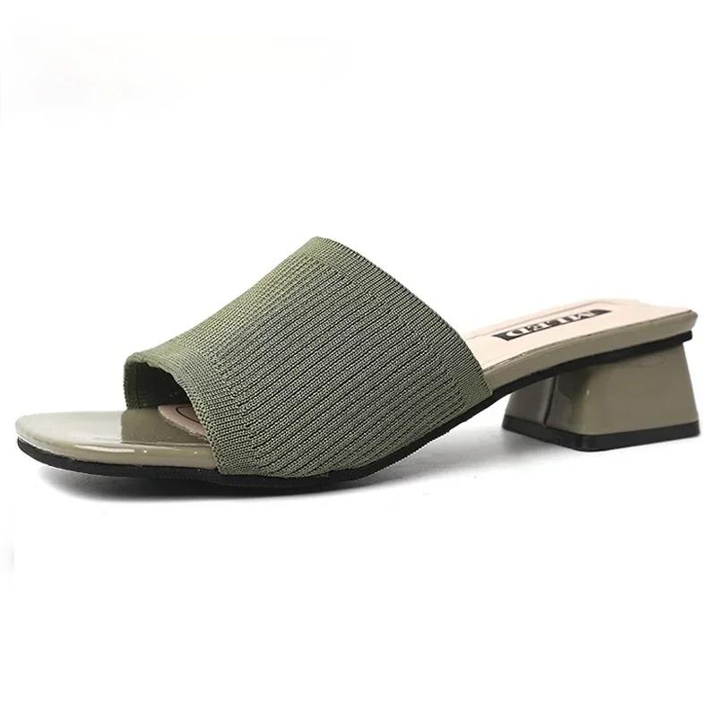 Women's Shoes Slippers Outdoor 2024 Summer Knitted Stretch Open Toe Thick-soled Heels Half-drag Sandals Ladies Footwear