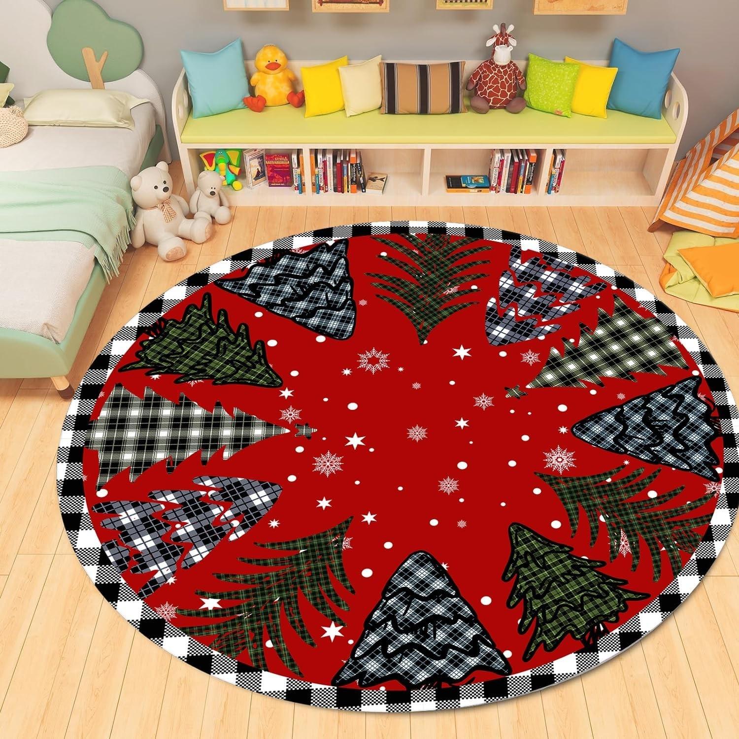 

Merry Christmas Round Area Rugs Christmas Tree Red Plaid Rug for Living Room Carpets, Breathable Rug for Kids Room Floor Mat 40x40cm