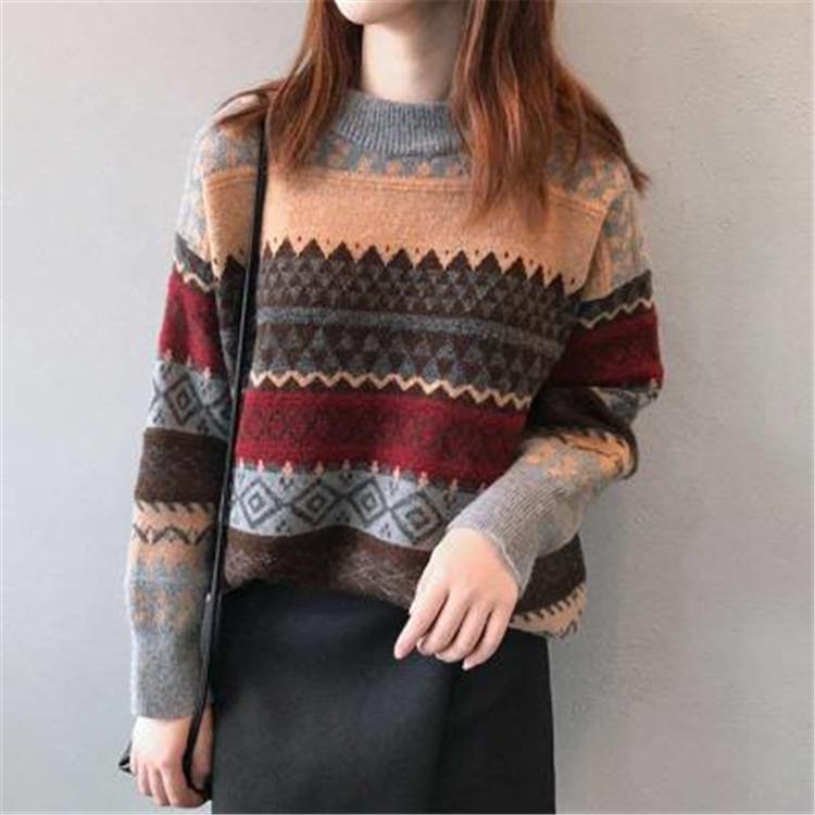 Women's Round Neck Pullover Sweater – Korean Style Retro Long Sleeve Jacket, Autumn/Winter 2020, Loose Fit.