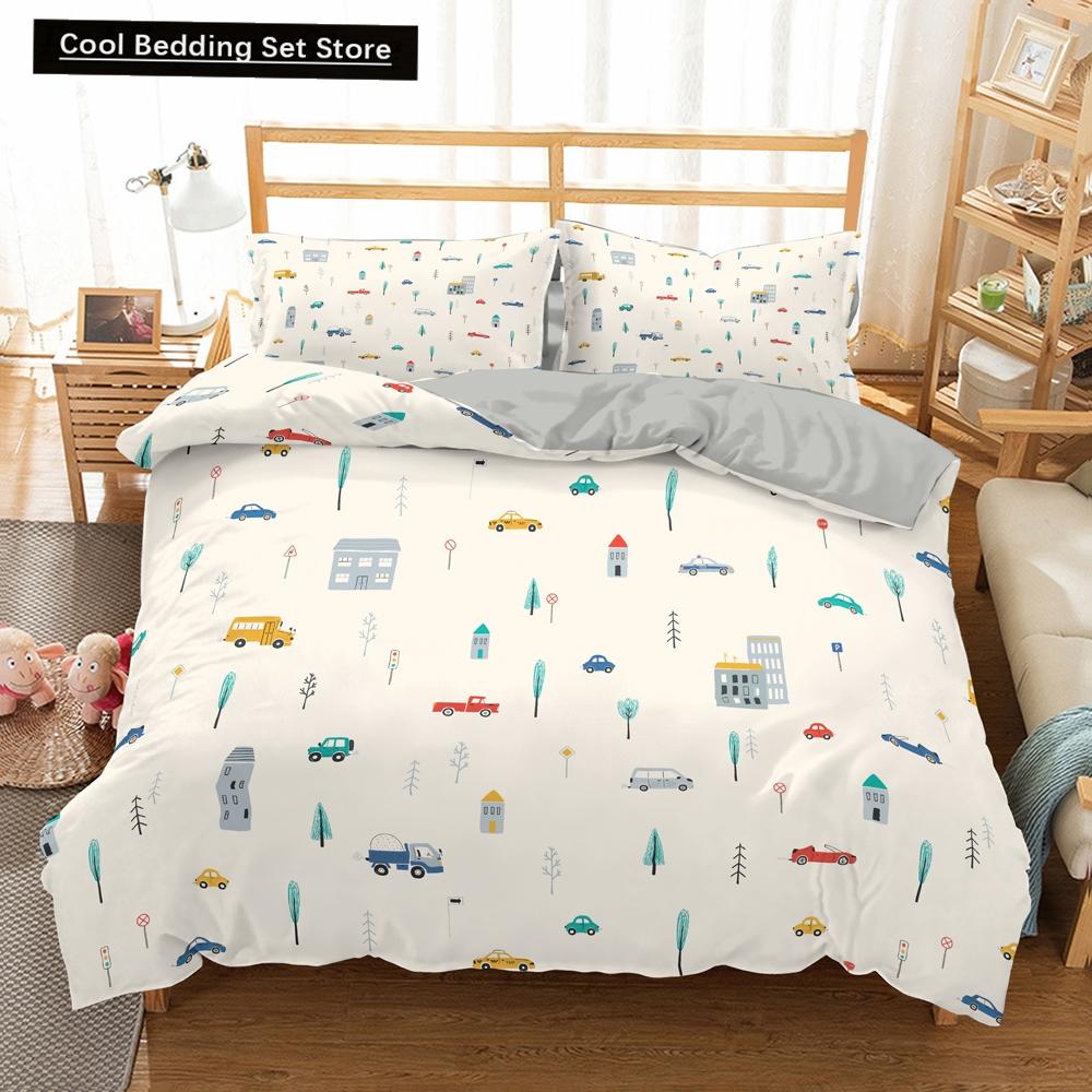 Kreslené Vlakové Ložní Sety 2/3ks Povlak na Peřinu Autíčko Náklaďák Měkký Povlak na Přikrývku Jednolůžko Queen King Size Polyesterový Povlak na Přikrývku